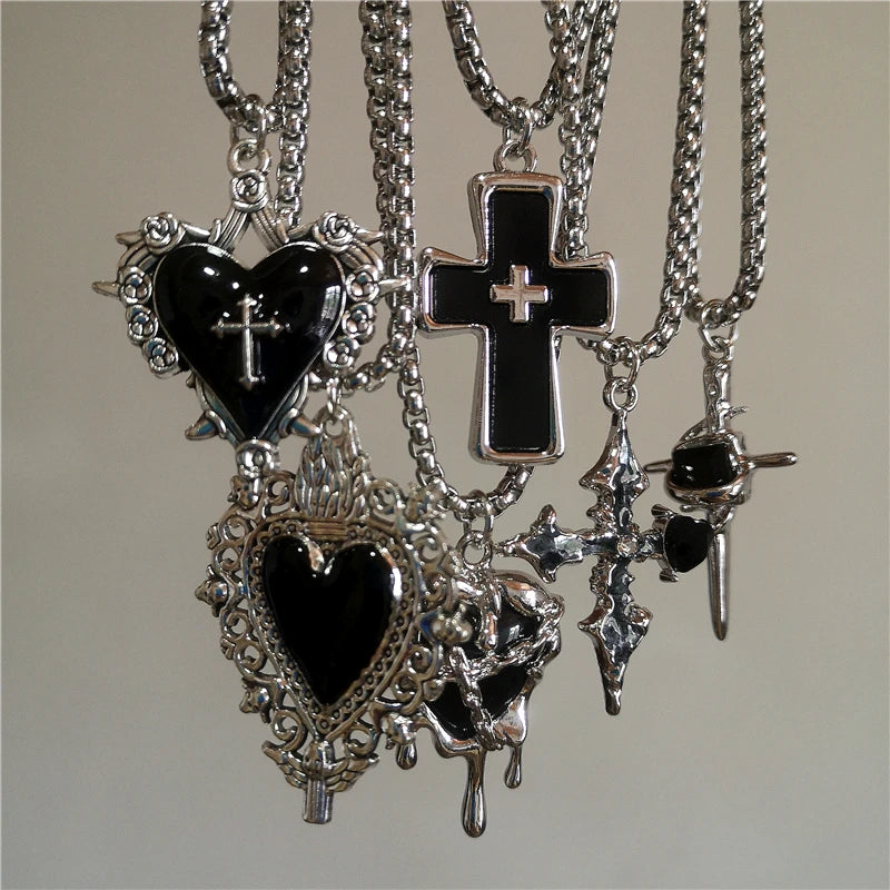 Stainless Steel Gothic Y2K Black Thorn Cross Heart Pendant Choker Necklace Selection