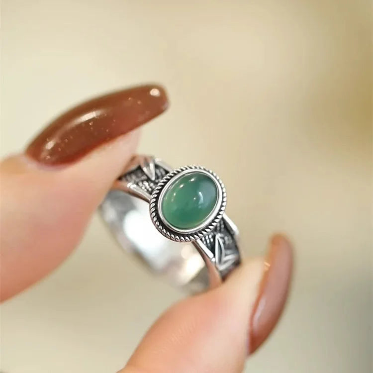 925 Sterling Silver Adjustable Green Stone Ring