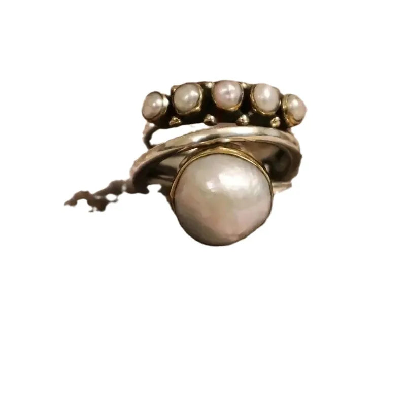 Vintage Inspired Simulated Pearl Stackable White Copper Ring - Bold, Unusual, Statement