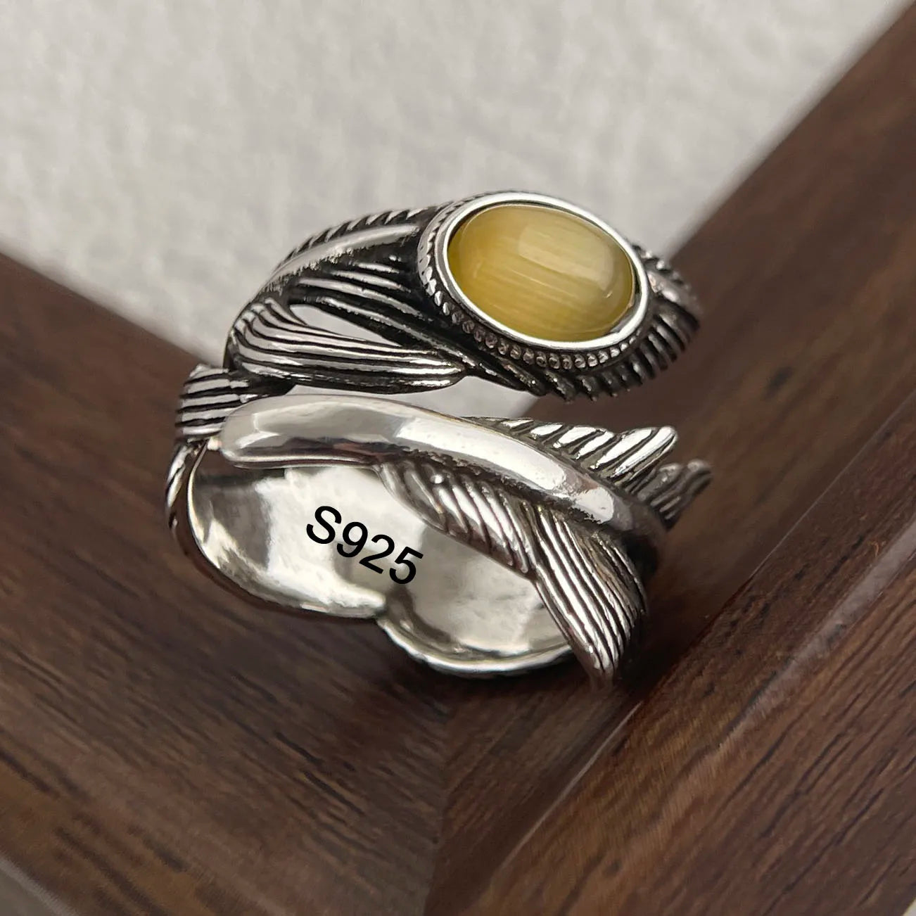 925 Sterling Silver Citrine Feather Adjustable Ring