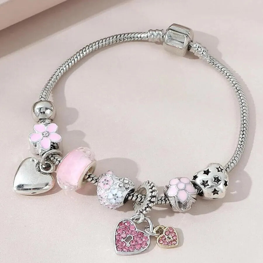 Love Heart Flower Crystal Stone Pendant Charm Copper Bracelet Girls