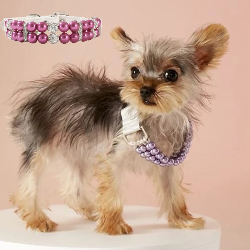 Fashionable Faux Pearl Crystals Adjustable Collar & Leash