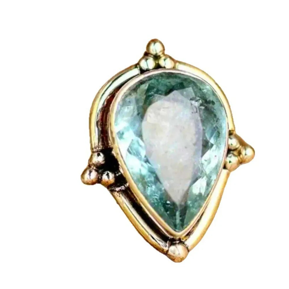 Vintage Inspired Pear-Shaped Natural Light Blue Stone Teardrop Copper Cocktail Ring