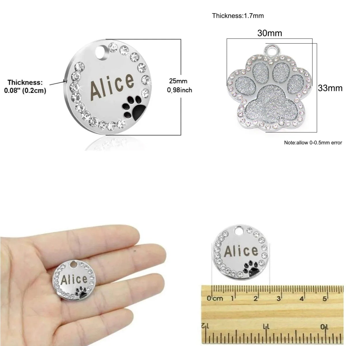 Stainless Steel Pet ID Tag with CZ Diamonds, in Multiple Colors