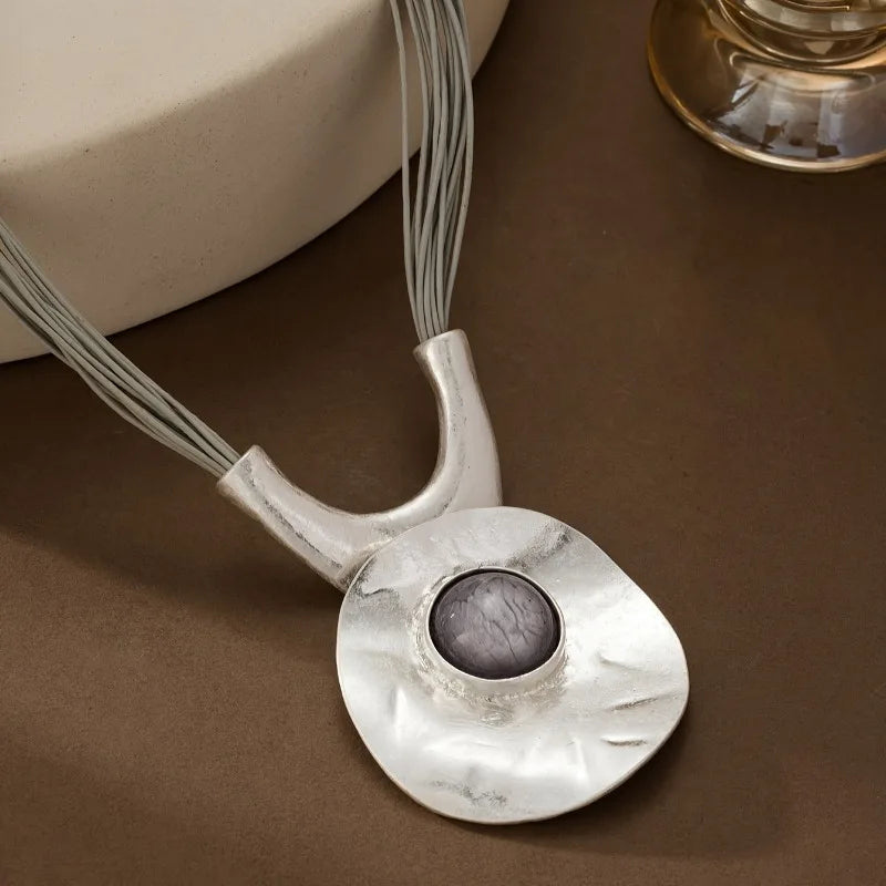 Large Metal Oval Hollow Geometric Alloy Pendant & Stone on Adjustable Multilayered Rope Chain
