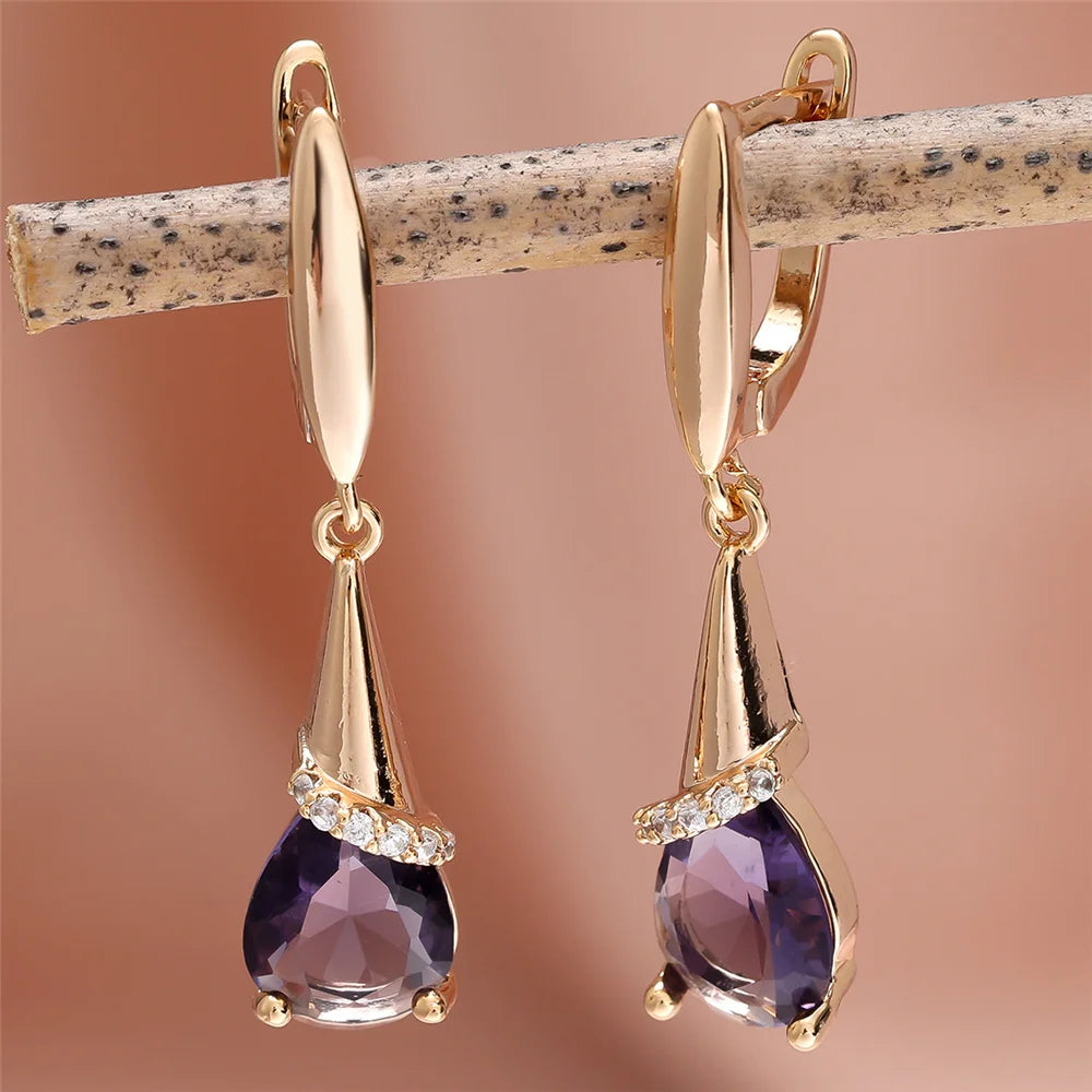 Elegant Female Purple Zircon Stone Water Drop Gold Color Earrings Cute Dangle Boho Wedding Jewelry For Women