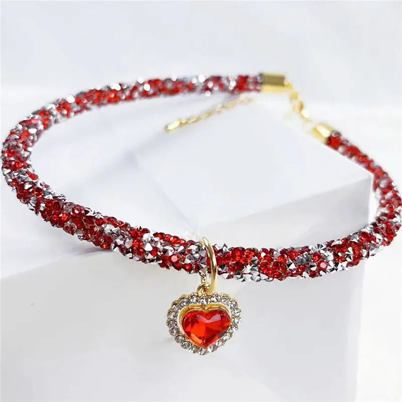 Adjustable Dog Necklace & Rhinestone Heart Gem Pendant