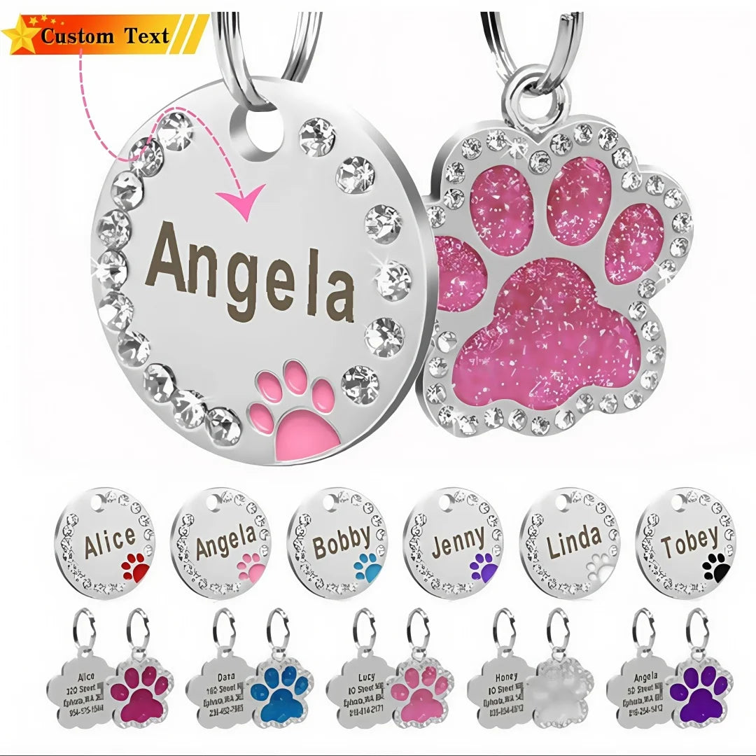 Stainless Steel Pet ID Tag with CZ Diamonds, in Multiple Colors