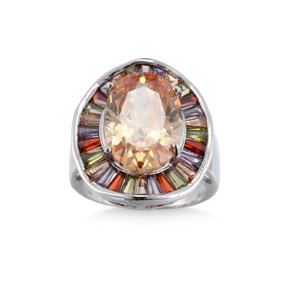 925 Sterling Silver Plated Copper Ring with Multicolored Stones - Bold, Attention, Cocktail Ring