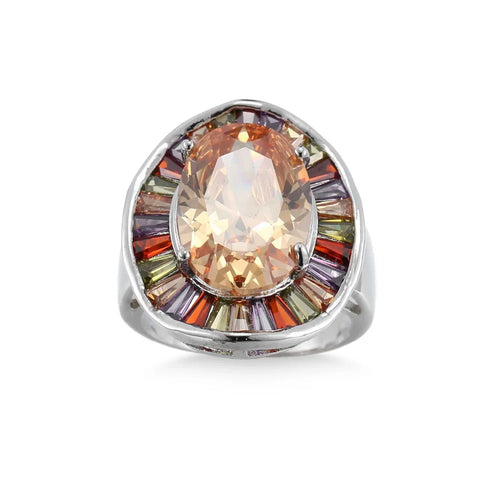 925 Sterling Silver Plated Copper Ring with Multicolored Stones - Bold, Attention, Cocktail Ring