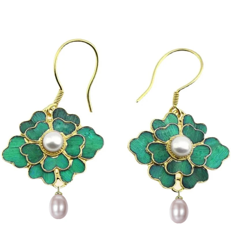 Vintage Gold-Plated Cloisonne Enamel Porcelain Green Flower Drop Earrings