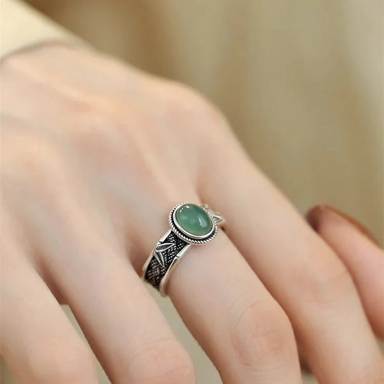 925 Sterling Silver Adjustable Green Stone Ring