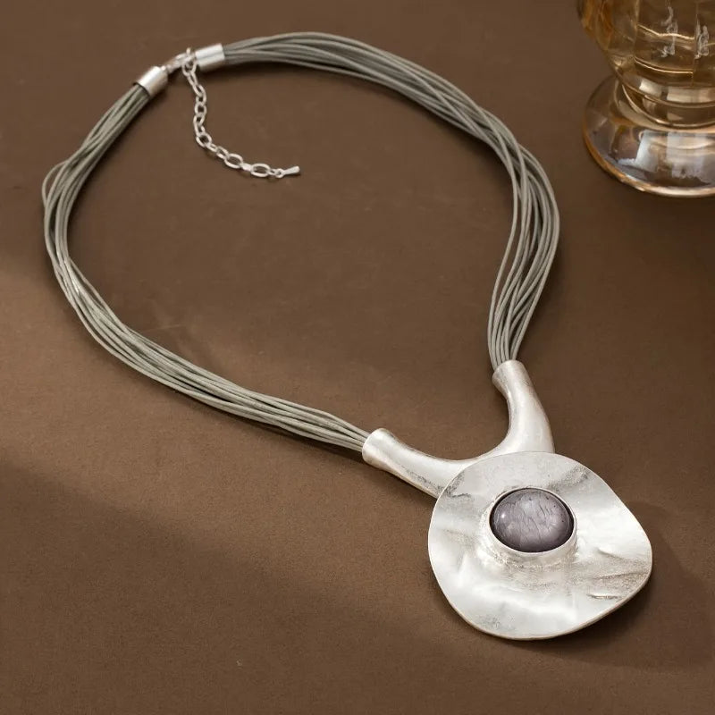 Large Metal Oval Hollow Geometric Alloy Pendant & Stone on Adjustable Multilayered Rope Chain