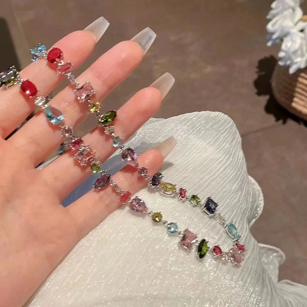 Colorful Zircon Crystal Necklace, Earrings & Bracelet in Zinc Alloy