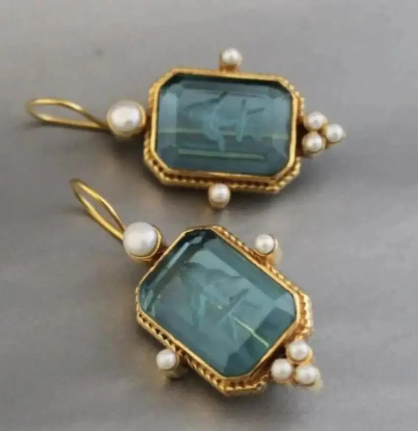 Retro Geometric Hexagonal Green/Blue Crystal Faux Pearl Copper Earrings