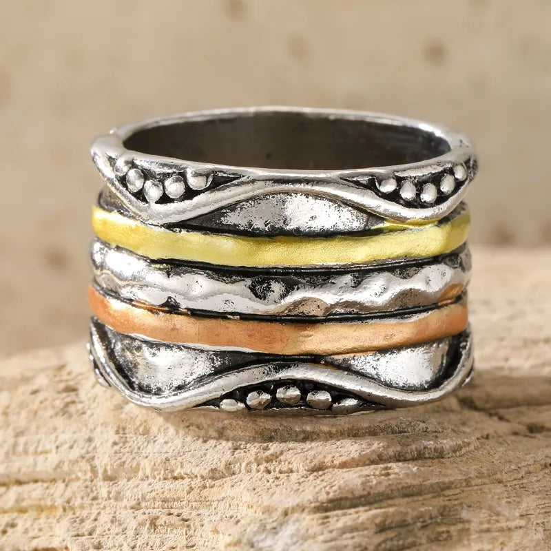 Retro Boho Multi-Color Zinc Alloy Band Ring - Layered Texture, Unique, Handmade