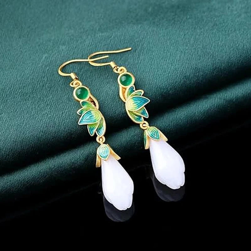 925 Sterling Silver Lotus Flower Jade Stone Drop Earrings