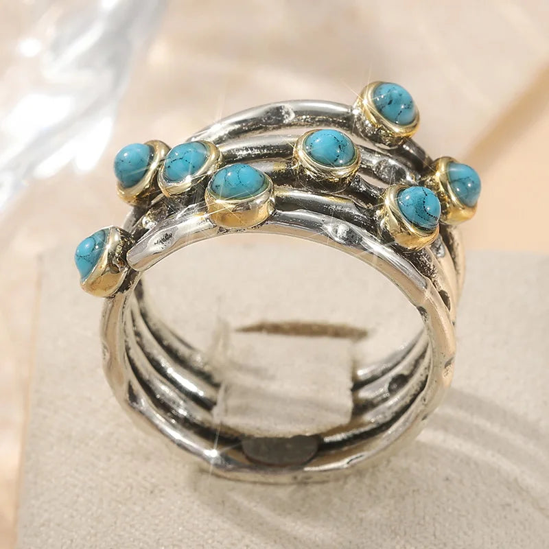 Two-Tone Boho Style Synthetic Turquoise Silver & Gold-Plated Copper Multilayer Ring