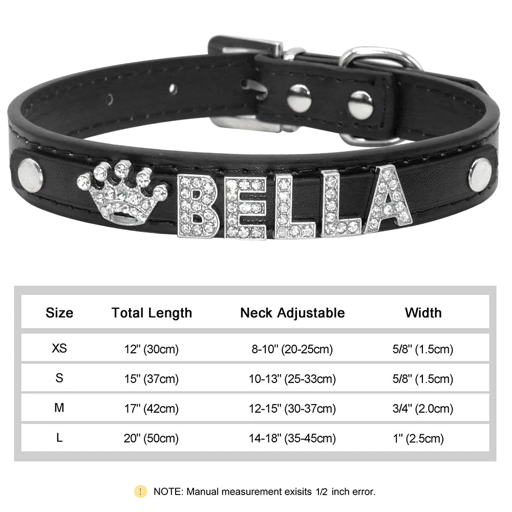 Faux Leather Dog Collar with Rhinestones - Customize, Engrave, Name Tag