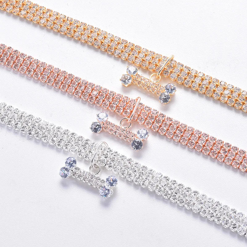Adjustable Pet Necklace with Rhinestones & Bone Copper Pendant