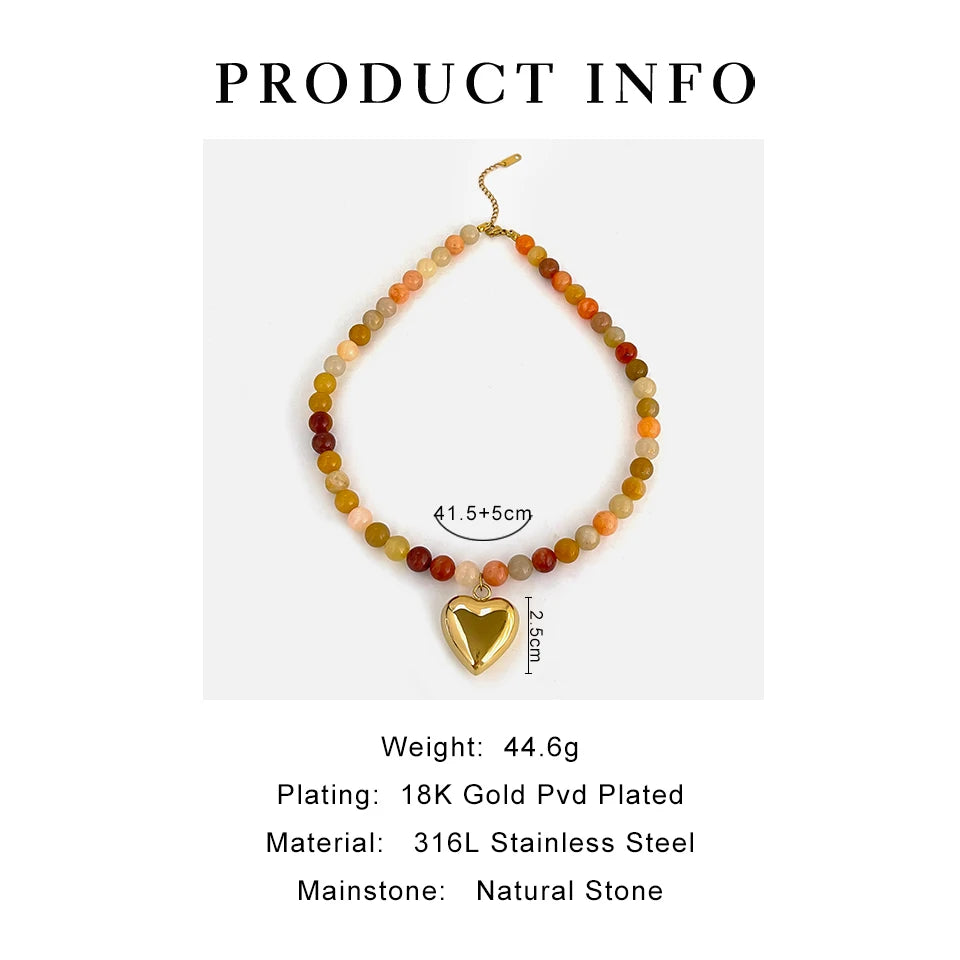 18K Gold Plated Steel Necklace - Boho Brown/Orange Natural Stone Handmade Beaded
