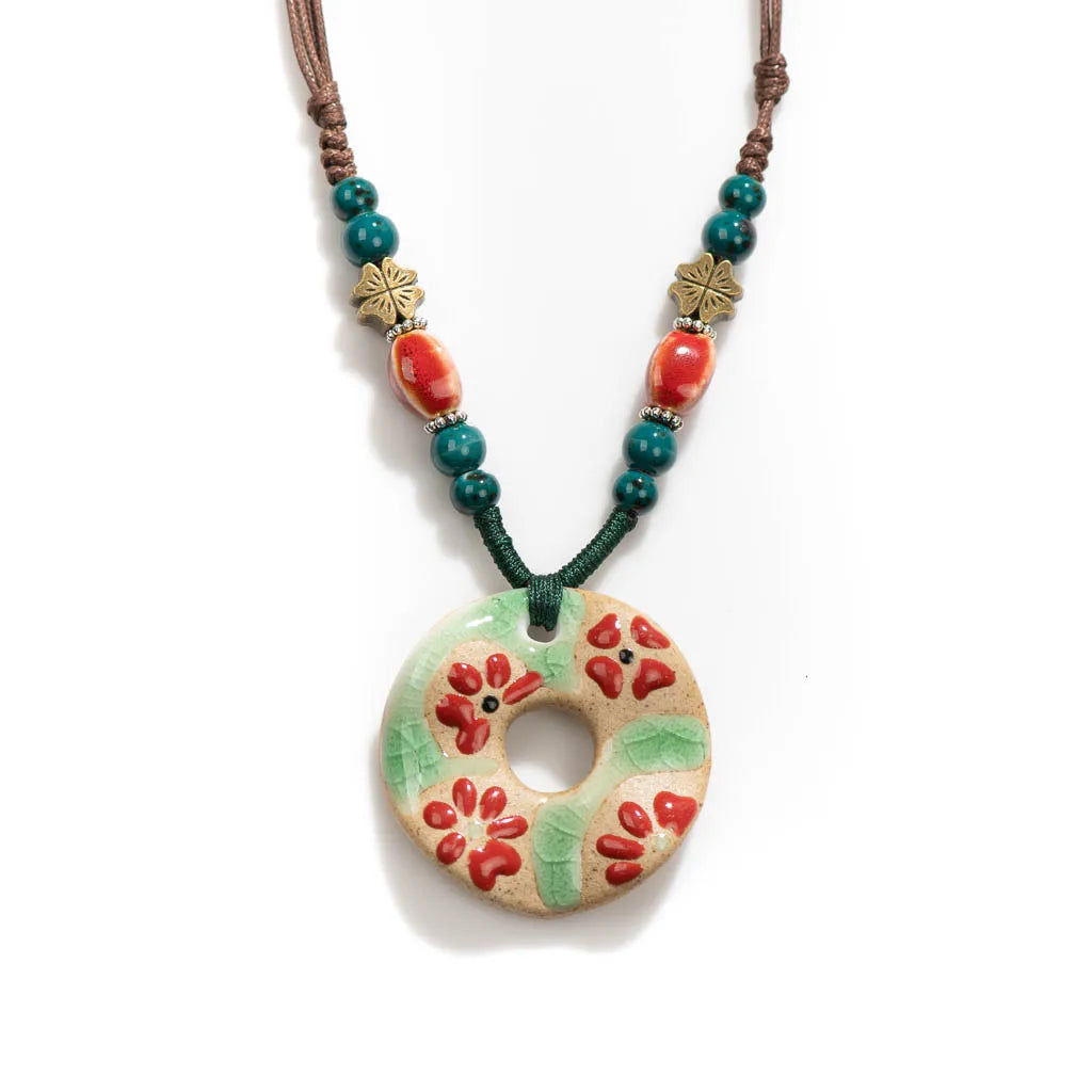 Handmade Ceramic Pendant Beads Necklace Retro