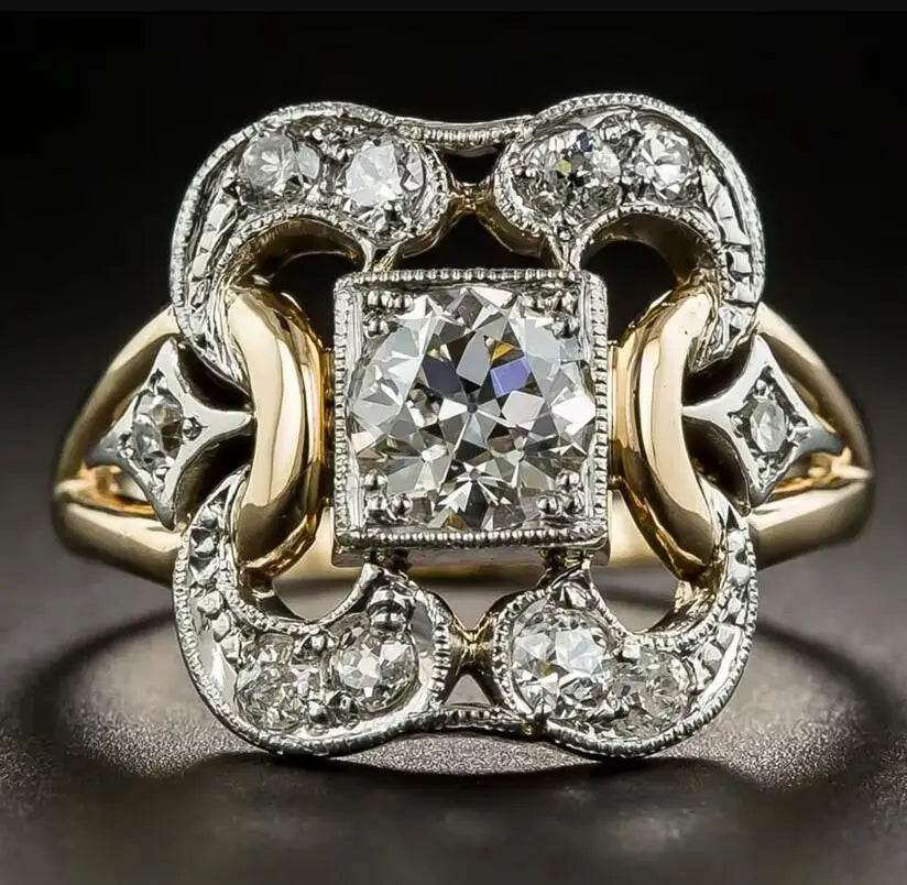 Geometric Two-Tone Zircon Stones Copper Ring - Antique Inspired, Royal, Bold