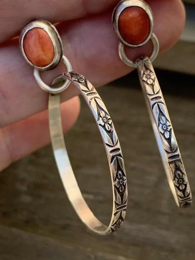 Vintage Inspired Ethnic Stone Hoop Alloy Drop Earrings