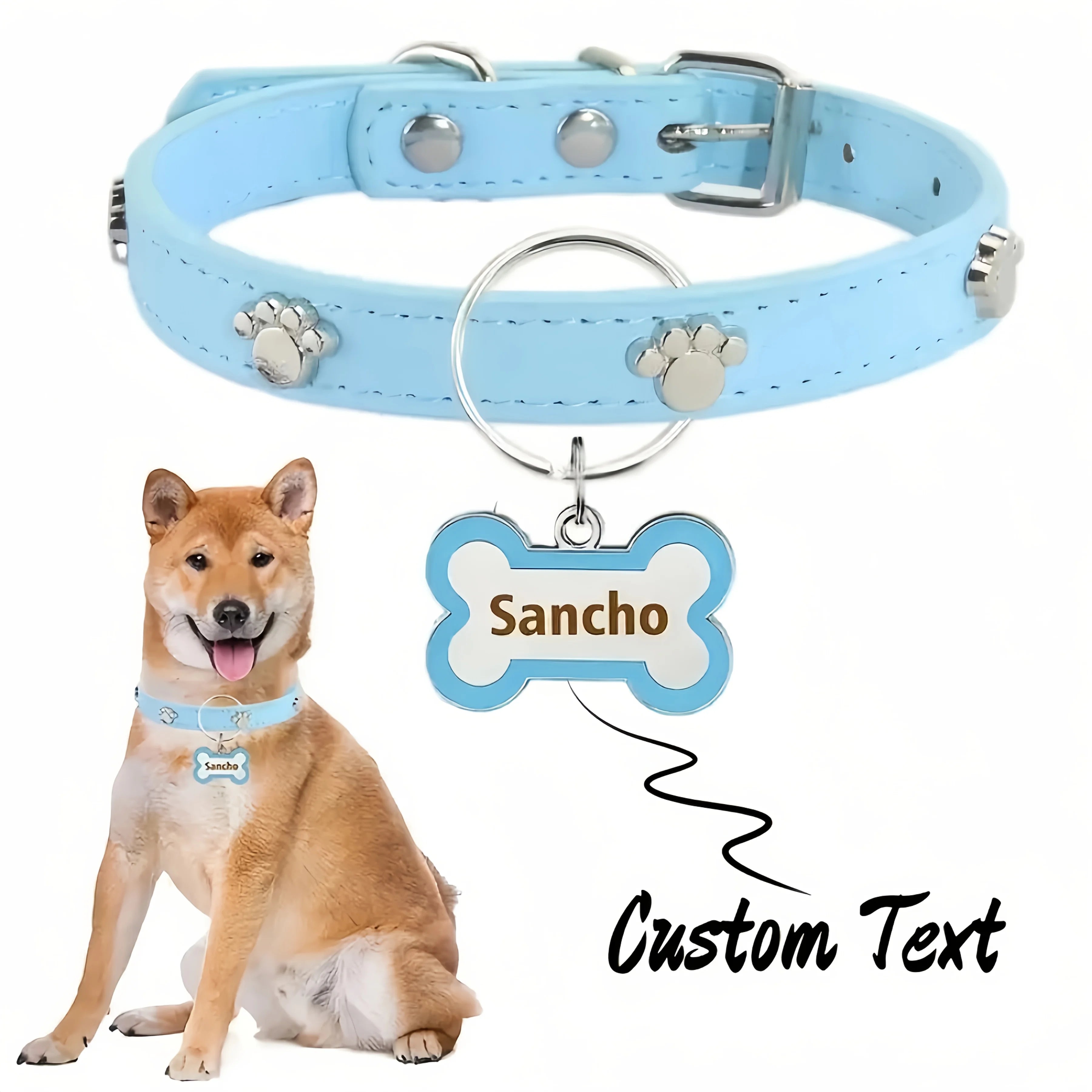 PU Leather Dog Collar with Bone-Shaped Pet Tag, Double-Sided, Engraved Pet Name and Phone