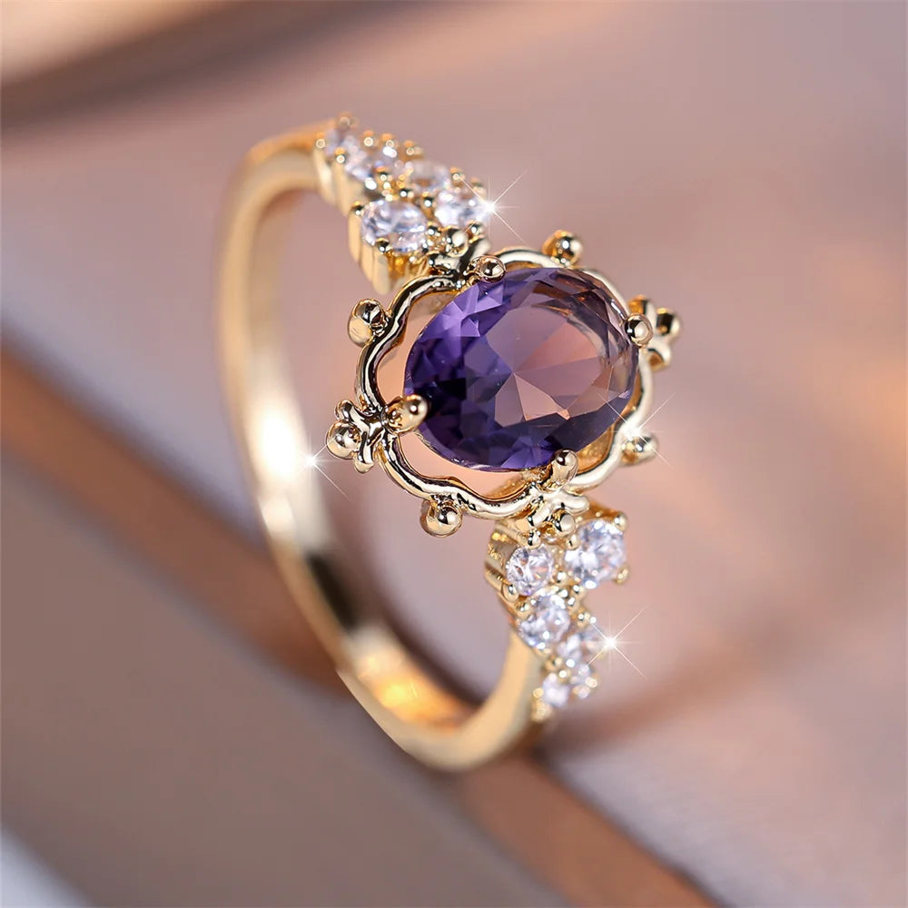 Gold Plated Copper Ring with Purple Oval Crystal Stone & Clear CZ - Romantic, Vintage Looking
