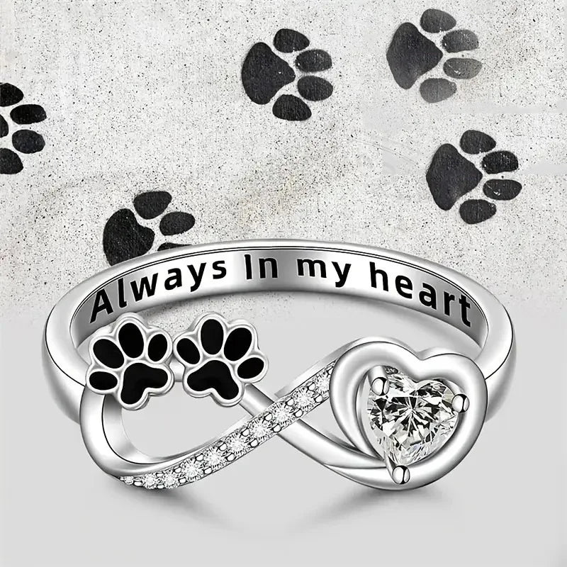 925 Silver Plated "Always in My Heart" Zircon Stones Paws Dog Footprints Ring