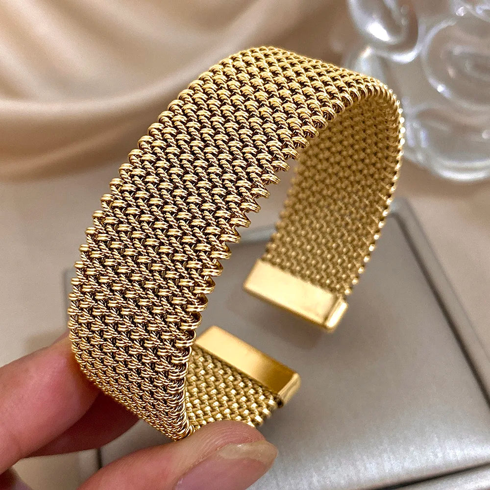 Golden Shade Stainless Steel Cuff Bracelet - Thick Weave Elegant
