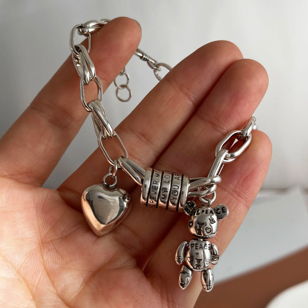 Solid 925 Sterling Silver Charm Bracelet Heart Teddy Love