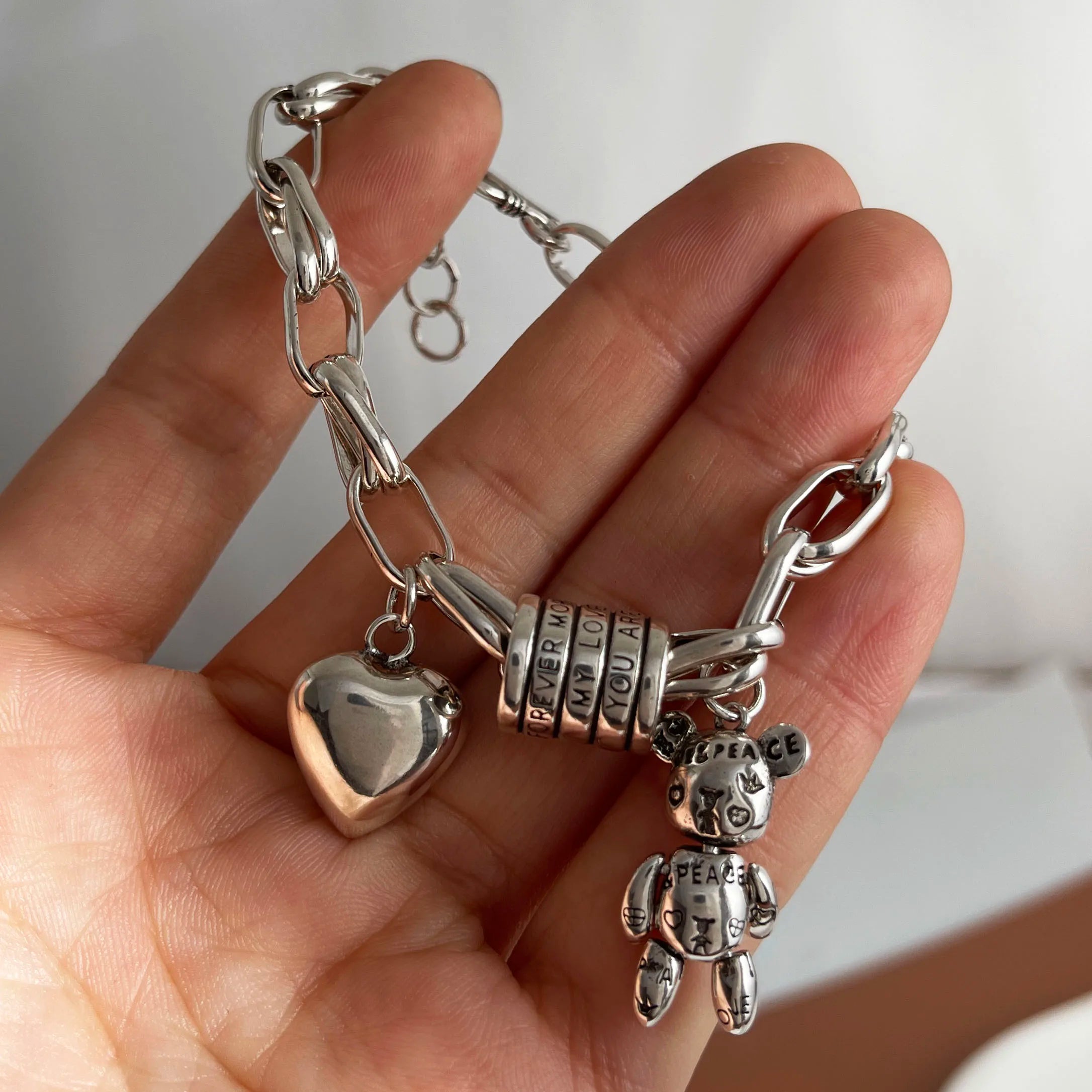 Solid 925 Sterling Silver Charm Bracelet Heart Teddy Love