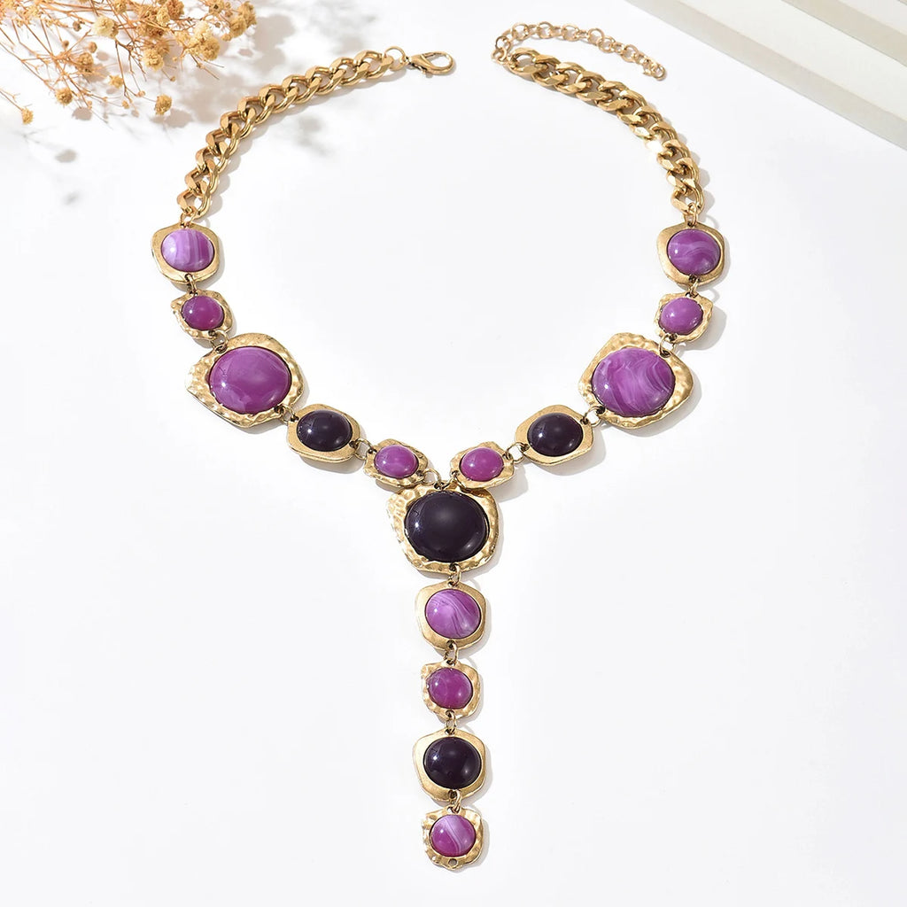 Bold Statement Resin Stone Zinc Alloy Necklace - Oversized, Multicolor, Boho, Trendy