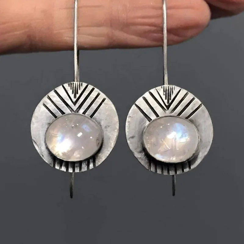 Ancient Style Round White Moonstone Zinc Alloy Large Earrings - Bold, Boho, Unique