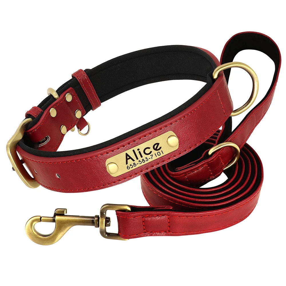 Quality Faux Leather Dog Collar Leash Set - Customize, Engrave, Name Tag