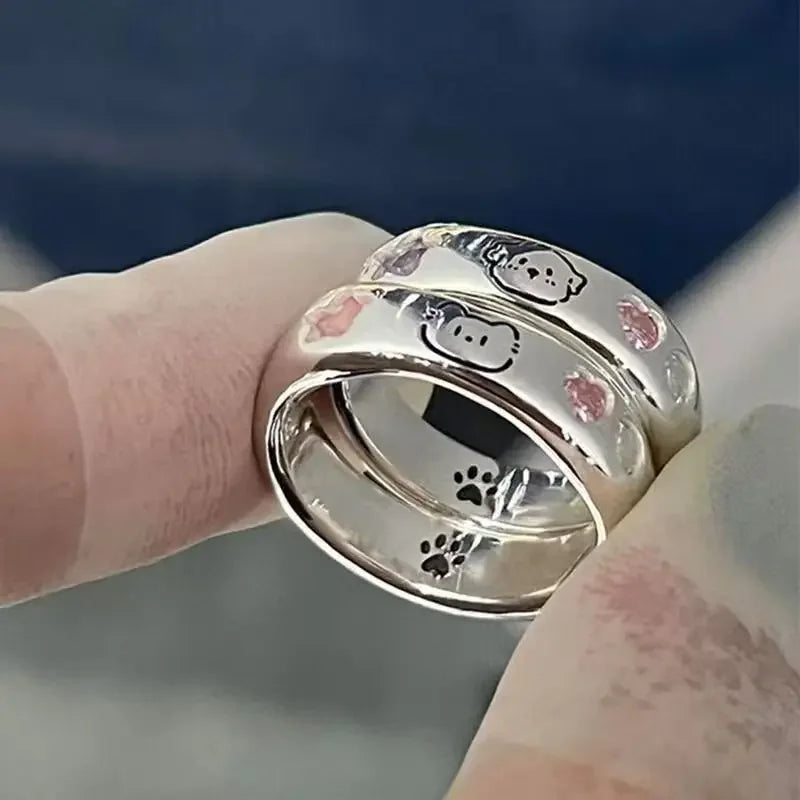 Cat & Dog Rings with Pink CZ Heart & Star - Buy a Set or Choose One, Made of Zink Alloy, Adjustable Size