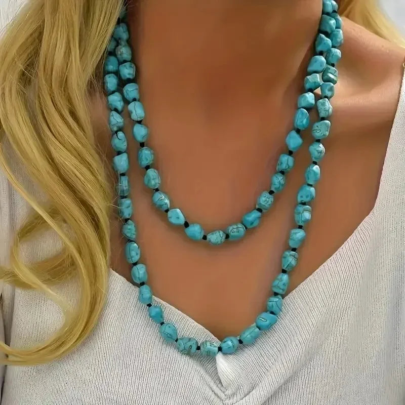 Boho Long Knotted Stone Turquoise Beads Necklace