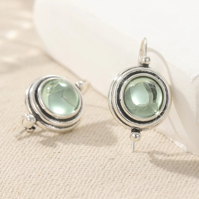 Vintage Inspired Earrings Silver-Plated Copper with Light Green Stone