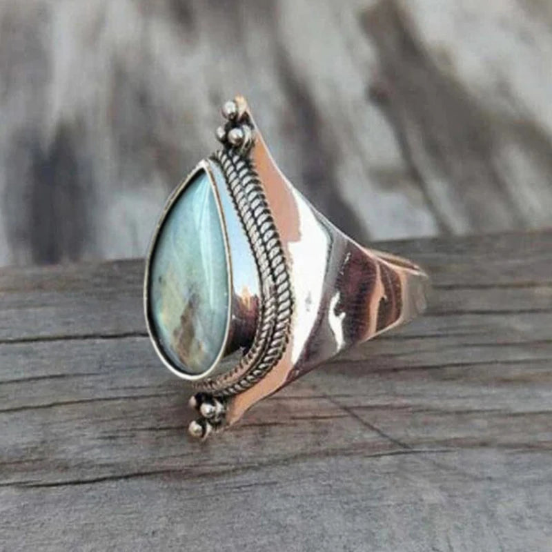 Bold Thick Vintage Inspired Ring with Pear Shaped Green Stone