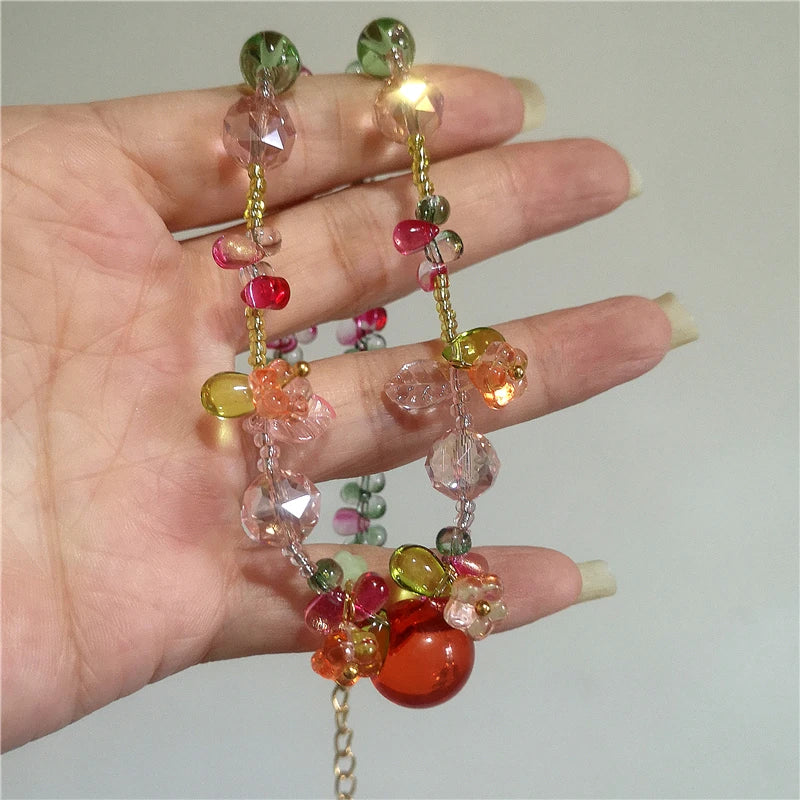 Resin Cherry Fruit Flower Bead Choker Necklace