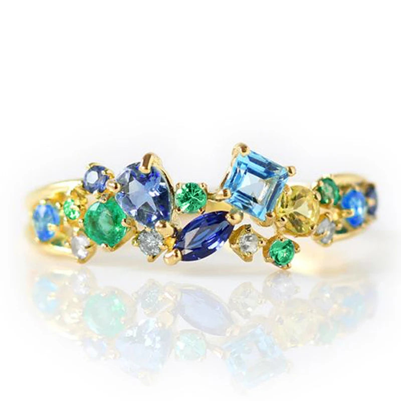 Nature Inspired Blue/Green/Clear Cubic Zirconia Brass Fashion Ring
