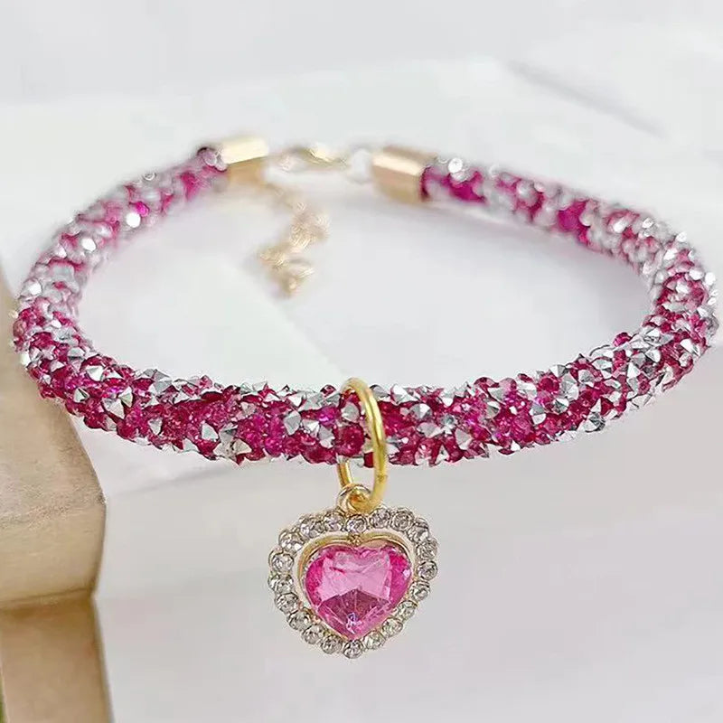 Adjustable Dog Necklace & Rhinestone Heart Gem Pendant