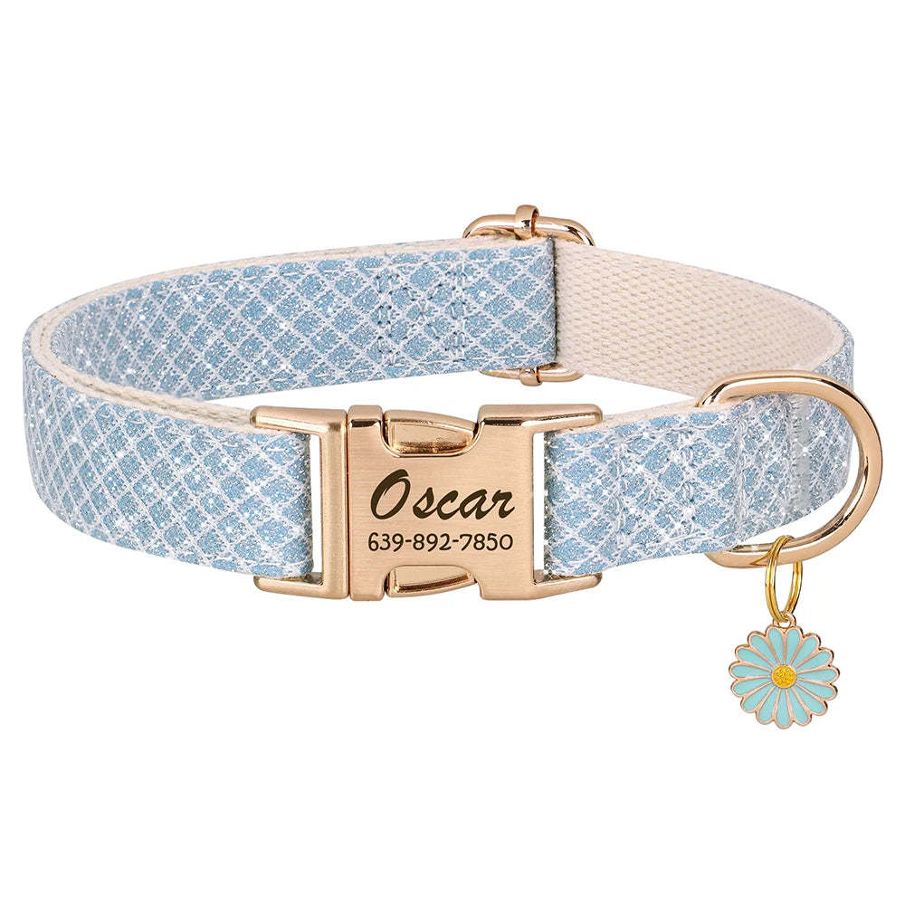 Nylon Dog Collar with Cute Flower Tag - Customize, Engrave, Name Tag, ID Necklace