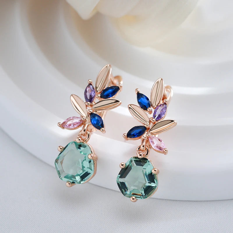 14K Rose Gold Plated Copper Earrings Natural Zircon Green Stone & Petals