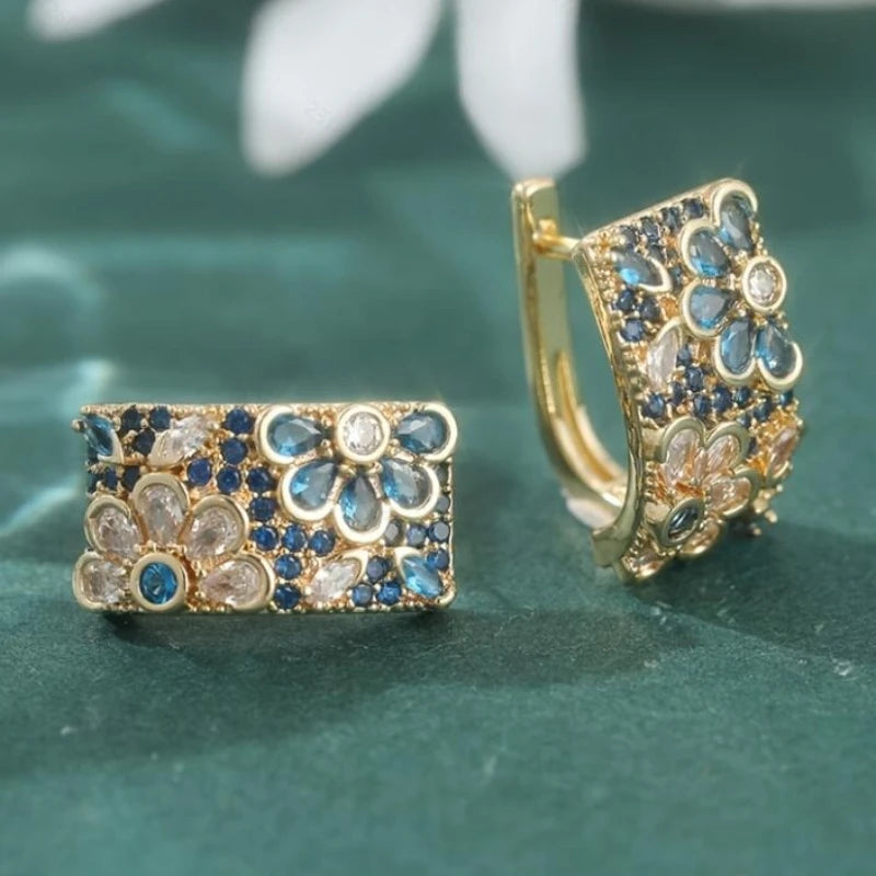 Retro Zircon Blue Flower Hoop Alloy Earrings