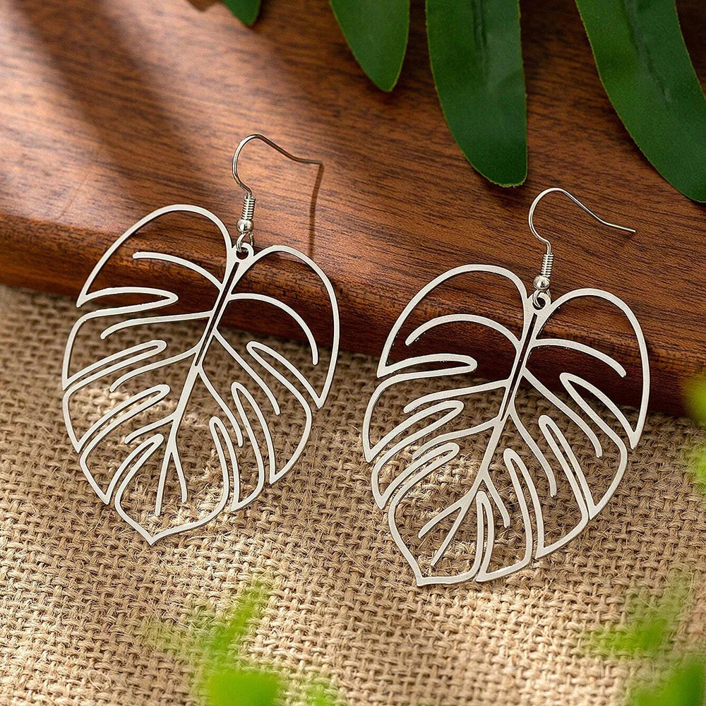 Stainless Steel Bohemian Hollow Exaggerated Leaf Dangle Drop Earrings