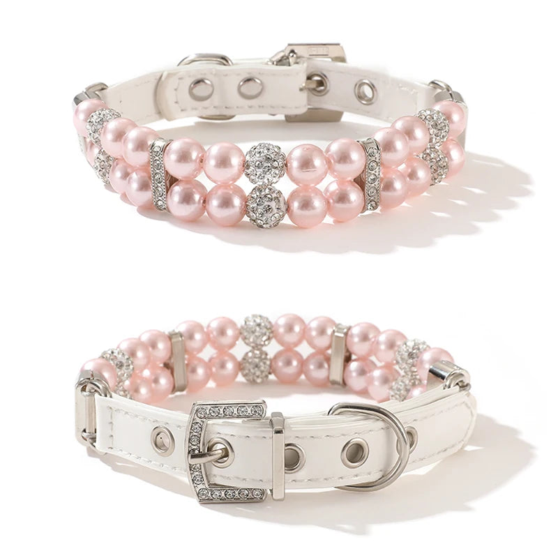 Fashionable Faux Pearl Crystals Adjustable Collar & Leash