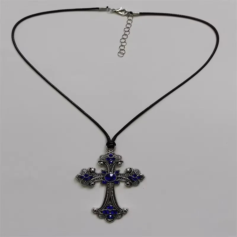 Large Goth Detailed Rhinestone Zinc Alloy Cross Rope Chain Choker